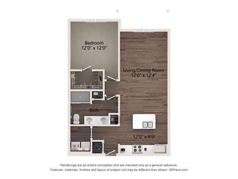 Floor plan for 1 bed, 1 bath, 806 sqft